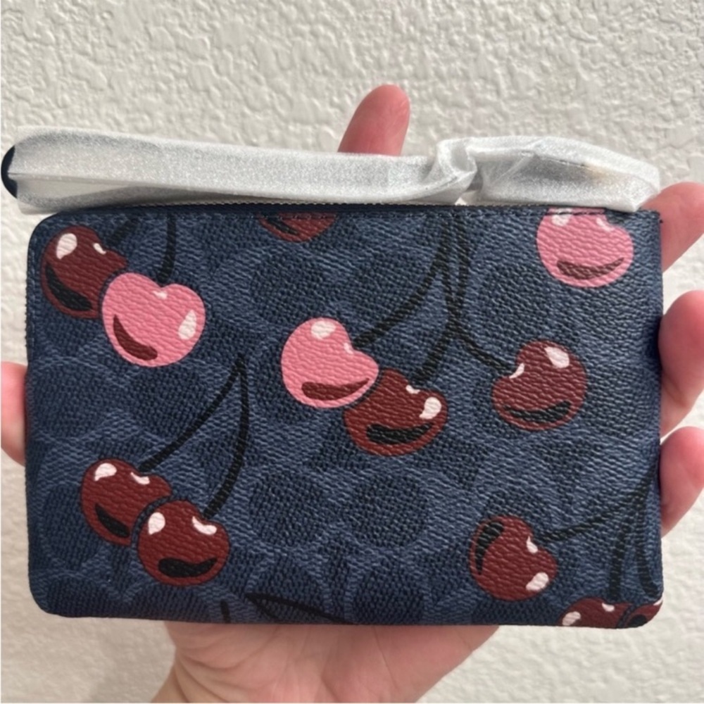 Coach Blue and Pink Signature Cherry Corner Zip Denim Wristlet NWT - Picture 3 of 7